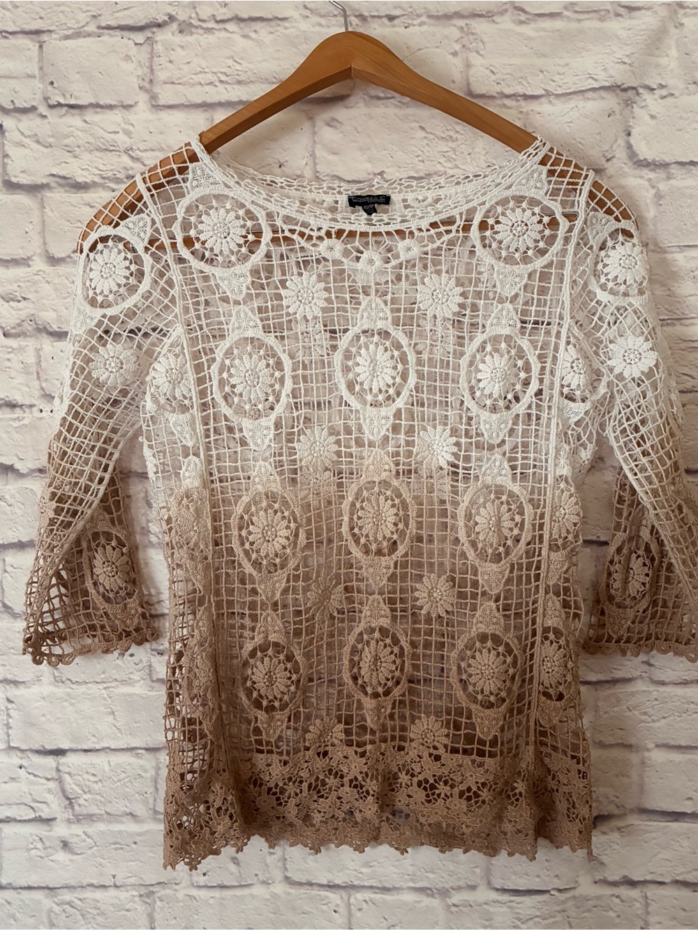 Conrad C Collections Crochet Ombre Lace Top - Beige to White Women’s Blouse - XS